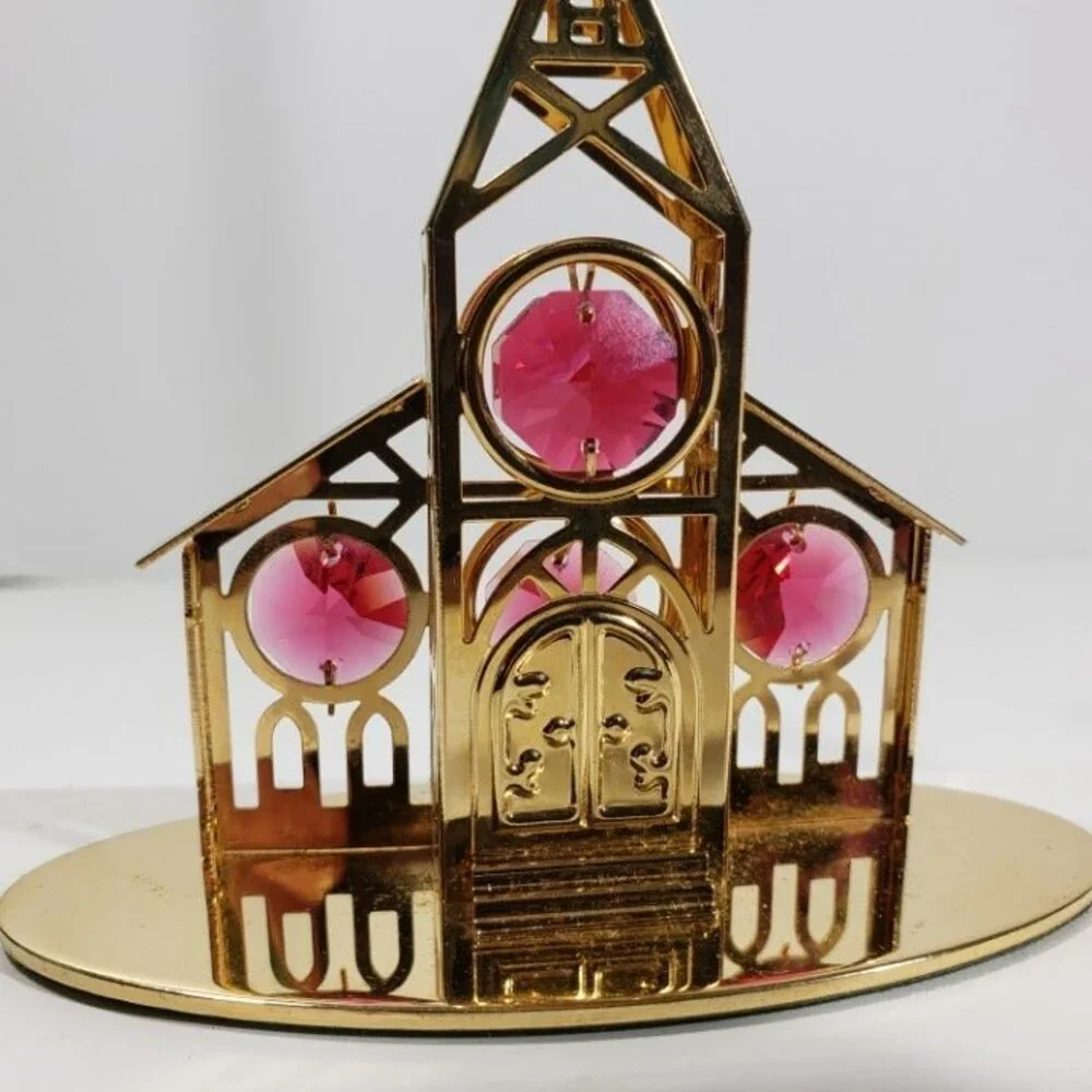 Vintage Crystal Delight 24K Gold Plated Church Figurine Pink Crystal Windows
